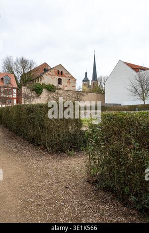 Ein geschwungener Weg entlang getrimmter Hecken führt durch einen ruhigen Park zu historischen Gebäuden und Kirchtürmen im Hintergrund. Stockfoto