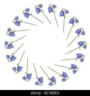 Vektor-Blumenrahmen von Frühlingsglockenblumen angeordnet in einem runden Kranz auf weißem Hintergrund. Botanische Dekoration für Grußkarte, Einladung und Design. Stock Vektor