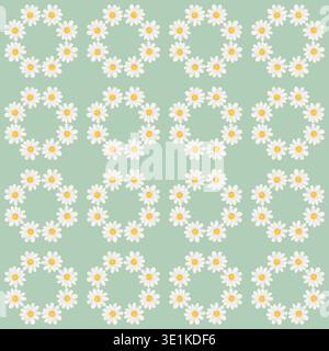 Nettes nahtloses Vektormuster mit weißen Gänseblümchen-Blumen angeordnet in Ringen auf einem mintgrünen Hintergrund. Perfekt für Textil-, Tapeten- oder Papierausdrucke. Stock Vektor