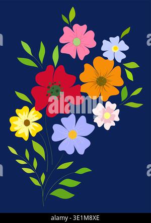 Heller bunter Blumenstrauß auf dunklem Hintergrund. Fantasy-Blumendesign. Grußkarte mit leuchtenden Frühlingsblumen. Weihnachtsgestaltung von Blumen Stock Vektor