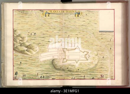Planta de Telena (1699) ist eine handgezeichnete Karte von Telena, Spanien, die im 17. Jahrhundert hergestellt wurde. Das Archivbild zeichnet historische geografische Informationen auf und zeigt ein Aquarellmedium auf Papier. Der Ausdruck zeigt charakteristische Alterung und detaillierte Linienarbeit, die typisch für historische kartographische Aufzeichnungen sind. Stockfoto