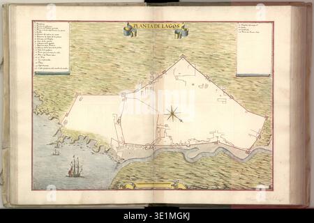 Planta de Lagos (1699) ist eine handgezeichnete Karte aus dem 17. Jahrhundert von Lagos in Portugal. Das Archivbild ist ein Aquarellgemälde auf Papier, das das Stadtbild und die geographischen Merkmale der Zeit als historische Referenz dokumentiert. Stockfoto