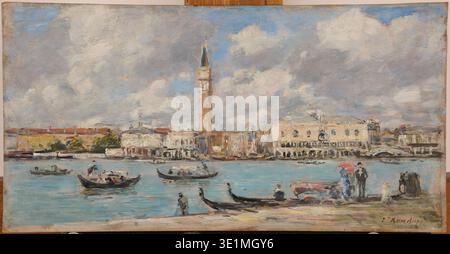Eugène Louis Boudin (1824–1898) war ein französischer Landschaftsmaler und Meeresmaler. Sein Gemälde 'Venise. San Giorgio' aus der Zeit um 1897 bietet einen Blick auf die Basilika San Giorgio Maggiore, die durch die Lagune von den umliegenden Gebäuden getrennt ist, von einem Kai aus gesehen, an dem Gondeln vertäut sind. Diese archivierte fotografische Reproduktion fängt die venezianische Atmosphäre ein. Stockfoto
