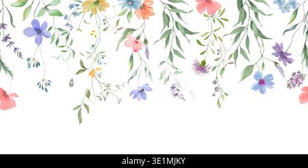Nahtlose Aquarelleinfassung mit hängenden Frühlingswildblumen und grünen Blättern auf hellblauem Hintergrund. Horizontale botanische Rahmenkante. Stockfoto