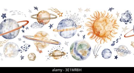 Planeten Nahtloser Rand Aquarell Handbemalt Stockfoto