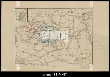 Carte des chemins de fer de Belgique ist eine Eisenbahnkarte Belgiens, die 1871 von der lithographischen Einrichtung L. Mertens in Brüssel veröffentlicht wurde. Die Karte enthält einen Ausschnitt von Brüssel, der die Eisenbahngürtellinien zeigt. Das Archivfotogramm dokumentiert ein fotografiertes kartographisches Blatt, das das nationale Eisenbahnsystem Belgiens darstellt. Stockfoto