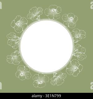 Vektorabbildung einer runden blumigen Kapuzinerkasturtiumgrenze. Salbeigrüner kreisförmiger Blumenrahmen mit handgezeichneten weißen Blumenkonturen. Botanisches Vintage-Material Stock Vektor