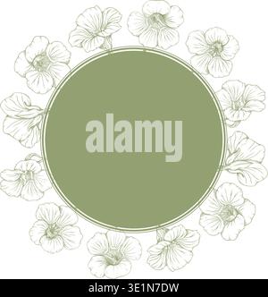 Kapuzinerkranz-Rahmen, Vektor-Illustration mit Hand gezeichneter botanischer Linie Kunst. Runde Vintage Blume Rand auf salbeigrünem Hintergrund für Stock Vektor