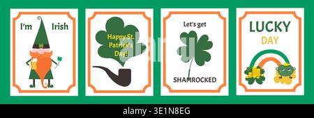 Saint Patrick's Day Vektor flache Grußkarten Sammlung. Grüner Schamrock und Leprechaun mit Regenbogen und Rauchpfeife. Stock Vektor