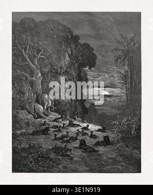 Schwarz-weißer Holzstich von Gustave Doré, der den siebten Abend im Garten Eden darstellt und eine Szene aus John Miltons epischem Gedicht illustriert Stockfoto
