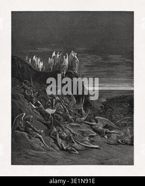 Schwarz-weißer Holzstich von Gustave Doré, der den Krieg im Himmel darstellt und eine Szene aus John Miltons Epos Paradise Lost illustriert. Stockfoto