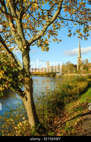 Worcester, Worcestershire - der Fluss Severn in Worcester an einem späten Herbstmorgen. Worcester ist eine Stadt im Westen Zentralenglands, die von Geschichte geprägt ist Stockfoto