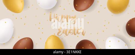 Osterbanner mit goldenen, braunen und weißen Eiern und Konfetti. Minimaler 3D-Feiertags-Hintergrund Stock Vektor