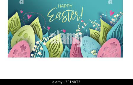 Happy Easter Gruß Karte Banner Design. Kunstschablone für Ostergrüße mit bunten Eiern, Blumen und Papierschnitt Stock Vektor