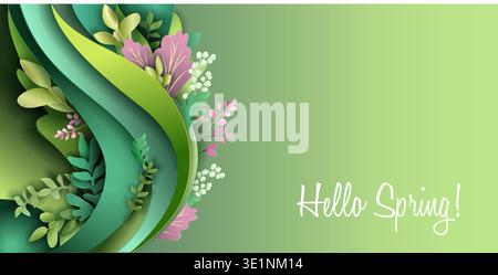 Hallo, Frühling, Papier geschnitten Banner. Stilisierte grüne Welle mit Blumen und Blättern. Stock Vektor