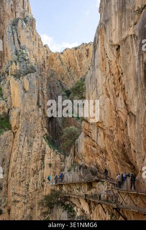 Besucher spazieren auf dem Holzweg von Caminito del Rey in Spanien. Der Weg verläuft zwischen steilen Klippen und zeigt atemberaubende Felsformationen. Menschen Stockfoto
