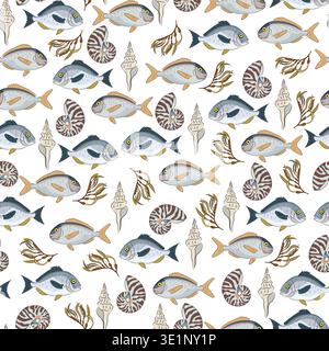 Nahtloses Muster Meer mit Fischen, Muscheln und Algen, flacher Vektor Hintergrund mit nautilus Muscheln und tropischen Fischen. Handgezeichnet, gekritzelt. Stock Vektor