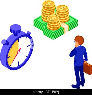 Zeit oder Geld isometrisches Konzept Charakter Geschäftsmann mit Aktentasche wählt zwischen Münzen und Stoppuhr Zeitmanagement isometrisch isolierte vecto Stock Vektor
