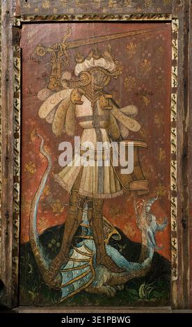The Rood Screen & Detail in St Helen's Church, Ranworth, Norfolk, Großbritannien. Von Norden (links) sind St. Simon, St. Thomas, St. Bartholomäus, St. James, St. Andrew und St. Peter. Auf der Südseite befinden sich St. Paul, St. John, St. Philipp, St. James the Less, St. Jude und St. Matthäus. In der Kapelle des Nordschiffs, St. Etheldreda und St. Barbara, Johannes der Täufer und St. Agnes. In der Südschiffskapelle St. Mary Salome mit St. James und St. John. Dann die selige Jungfrau und das Kind, und die heilige Maria Kleopas mit ihren vier Kindern, Jakobus der Letzte, Simon, Judas und Joseph, und die heilige Margarete. Stockfoto