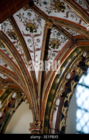 The Rood Screen & Detail in St Helen's Church, Ranworth, Norfolk, Großbritannien. Von Norden (links) sind St. Simon, St. Thomas, St. Bartholomäus, St. James, St. Andrew und St. Peter. Auf der Südseite befinden sich St. Paul, St. John, St. Philipp, St. James the Less, St. Jude und St. Matthäus. In der Kapelle des Nordschiffs, St. Etheldreda und St. Barbara, Johannes der Täufer und St. Agnes. In der Südschiffskapelle St. Mary Salome mit St. James und St. John. Dann die selige Jungfrau und das Kind, und die heilige Maria Kleopas mit ihren vier Kindern, Jakobus der Letzte, Simon, Judas und Joseph, und die heilige Margarete. Stockfoto