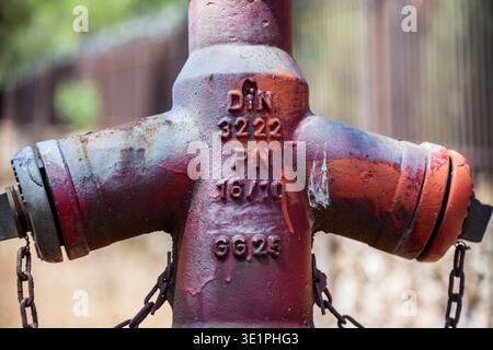 Nahaufnahme eines verwitterten roten Gusseisenfeuerhydranten, der nach DIN 3222 mit Ketten und abblätternder Farbe auf einem weichen grünen Hintergrund eingeprägt ist Stockfoto