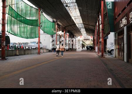 Zwei Leute laufen durch eine überdachte Einkaufsstraße in einer asiatischen Stadt Stockfoto