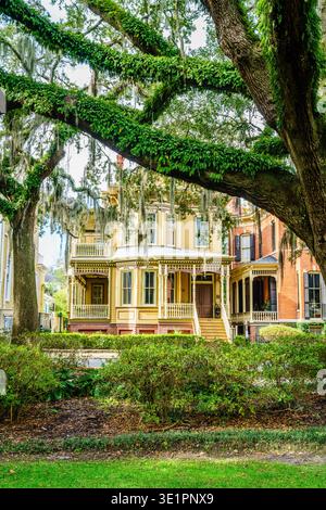 Savannah, GA, 28. Dezember 2023: Häuser an der Whittaker Street im historischen Stadtteil Savannah, Georgia Stockfoto