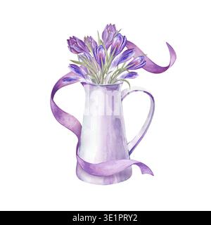 Eine Frühlingskomposition mit einem Strauß Krokusse in einem weißen Krug, umwickelt mit einem lila Band. Aquarellblume Illustration auf einem isolierten Hintergrund Stockfoto
