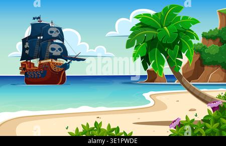 Piratenschiff segelt in der Nähe der Insel an der Karibik mit Jolly Roger Flaggen, Comic Vektor Landschaft Hintergrund. Piratenschiff oder Korsair-Segelboot mit schwarzen Segeln und Schädelkreuzknochen auf der Schatzinsel Stock Vektor