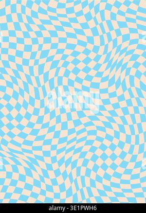 Trippiges hypnotisches blau kariertes Wellenmuster oder groovige Textur. Psychedelisch-grooviges Muster, trippiger funky-Druck. Verzerrter spiralförmiger Retro-Hintergrund Stock Vektor