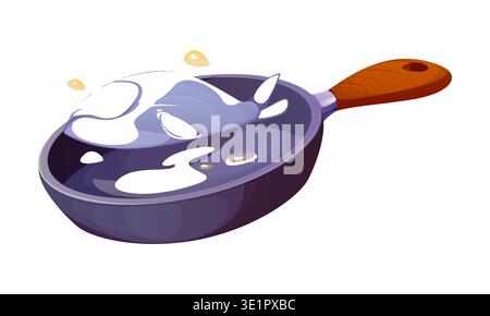 Frischer Fisch in der Pfanne, Kochprozess. Kulinarisches und gastronomisches isoliertes Cartoon-Vektor-Konzept. Fisch und Meeresfrüchte, Fleischgerichte, Frühstückszubereitung oder Forelle, Fischgerichte in einer gusseisernen Pfanne Stock Vektor