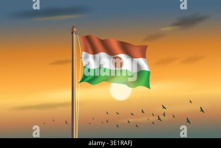 Die Niger-Flagge fliegt am Himmel mit Sonnenuntergang Hintergrund Stock Vektor