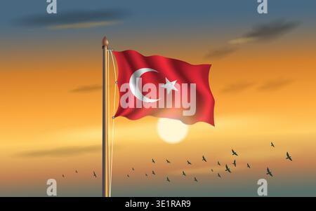 Truthahnflagge fliegt am Himmel mit Sonnenuntergang Hintergrund Stock Vektor