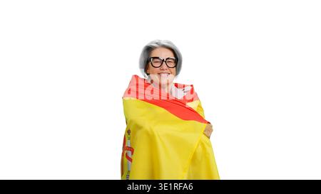 Eine ältere Frau lächelt in Spanien-Flagge Stockfoto