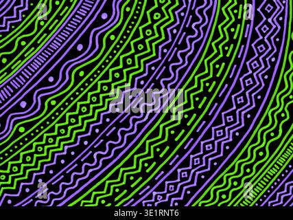 Der Hintergrund ist mit geometrischen Ornamenten gefüllt. Violette und grüne Farben auf schwarzem Hintergrund. Linien, Zickzack, Wellen, Kreise, Punkte, Rauten, Schläge. Diagonal platziert. Freihandzeichnung mit Markierung. Stockfoto