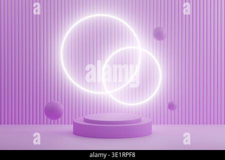 Neonviolettes Podium mit leuchtenden Kreisringen Stockfoto