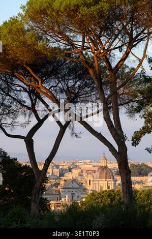 Rom. Italien. Blick über die Dächer. Fassade der Kirche Santa Maria in Vallicella alias Chiesa Nuova (links) und Kuppel der Kirche Sant’AG Stockfoto