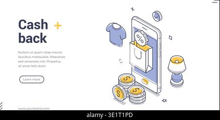 Isometrische Bannervorlage für einen Cashback-Service. Vektor-Illustration für Geld sparen und Online-Shopping. Modernes Konzept für ein Treueprogramm, e-Co Stock Vektor