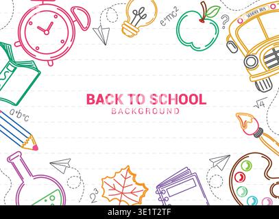 Back to School Clipart Hintergrunddesign. Zurück zur Schule Hintergrund mit Zeichnungen von Schulelementen wie Schulbus, Wecker, Buch, Notizbuch Stock Vektor