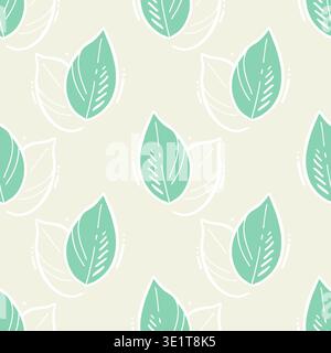 Muster mit niedlichen handgezeichneten mintgrünen Blättern auf beigefarbenem Hintergrund. Minimalistisches botanisches Doodle-Ornament für Textilien, Tapeten und Geschenkpapier des Stock Vektor