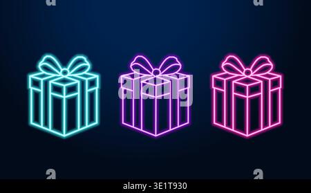 Neon Geschenkboxen auf dunkelblauem Hintergrund. Stock Vektor