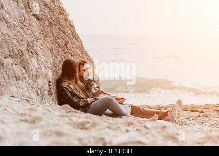 Paar Sonnenuntergang am Strand junger Mann und Frau sitzen zusammen an einer Klippe am Meer und genießen einen friedlichen Moment in der Abenddämmerung Stockfoto