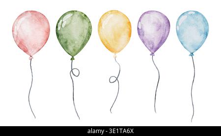 Set farbenfroher Luftballons. Handgezeichnete Aquarellillustration mit bunten runden Ballons für Geburtstagsfeier Stockfoto