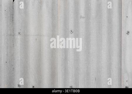 Die Textur grauer, gewellter Asbestzementschieferplatten mit Nägeln. Altes verwittertes Wellpappenmaterial Hintergrund. Stockfoto