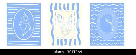 Retro-Poster mit Meeresmuscheln an der Küste, maritimes Thema. Minimalistisches Design im Retro-Stil mit Meeresmuscheln in skurrilen Rahmen. Vektorabbildung Stock Vektor