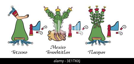Aztekenreich, Triple Alliance, Glyphen von Tetzcoco, Mexiko-Tenochtitlan und Tlacopan Stockfoto