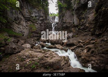 Der Aubachfall ist ein Naturdenkmal im Lammertal in Abtenau. Der Aubach fließt dabei zwischen Egelseehörndl und Einberg über eine Geländekante über fünf Kaskaden, bevor er 200 Meter danach in die Lammer Mündet. 17.05.2020. // der Aubacher Wasserfall ist ein Naturdenkmal im Lammertal bei Abtenau. Der Aubach fließt zwischen Egelseehörndl und Einberg über einen Kamm und stürzt fünf Ebenen ab, bevor er 200 Meter flussabwärts in die Lammer mündet. Mai 2020. - 20200517 PD8981 Stockfoto