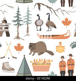 Nahtloses Muster mit kanadischen Symbolen. Biber, Gans, Kanu, Tipi, Hockey, königliche Polizei, Ahornblätter und Berge. Happy National Day of Canada Stock Vektor