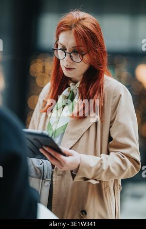 Die rothaarige Geschäftsfrau in Brille liest in einer urbanen Umgebung ein Tablet mit Trenchcoat und Schal Stockfoto