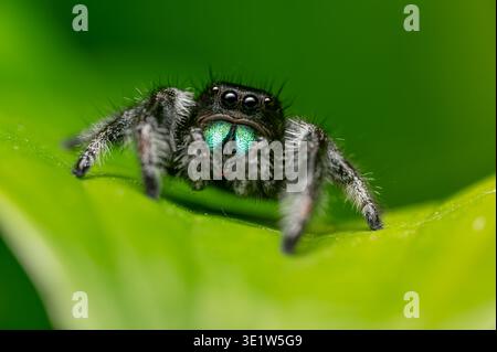 Auf grünem Blatt steht die kühne Springspinne (Phidippus audax). Irisierende blau-grüne Chelicerae sind sichtbar. Stockfoto